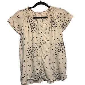 GAP Floral V-Neck Blouse XS Cream Black‎ Ruffle Collar Short Sleeve Rayon Top